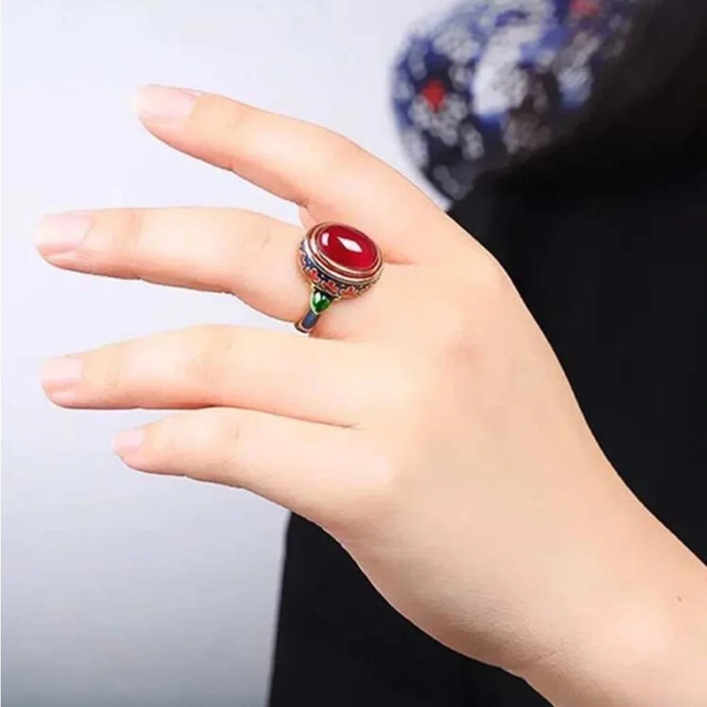 Ethnic Vintage Red Cabochon Enamel Ring